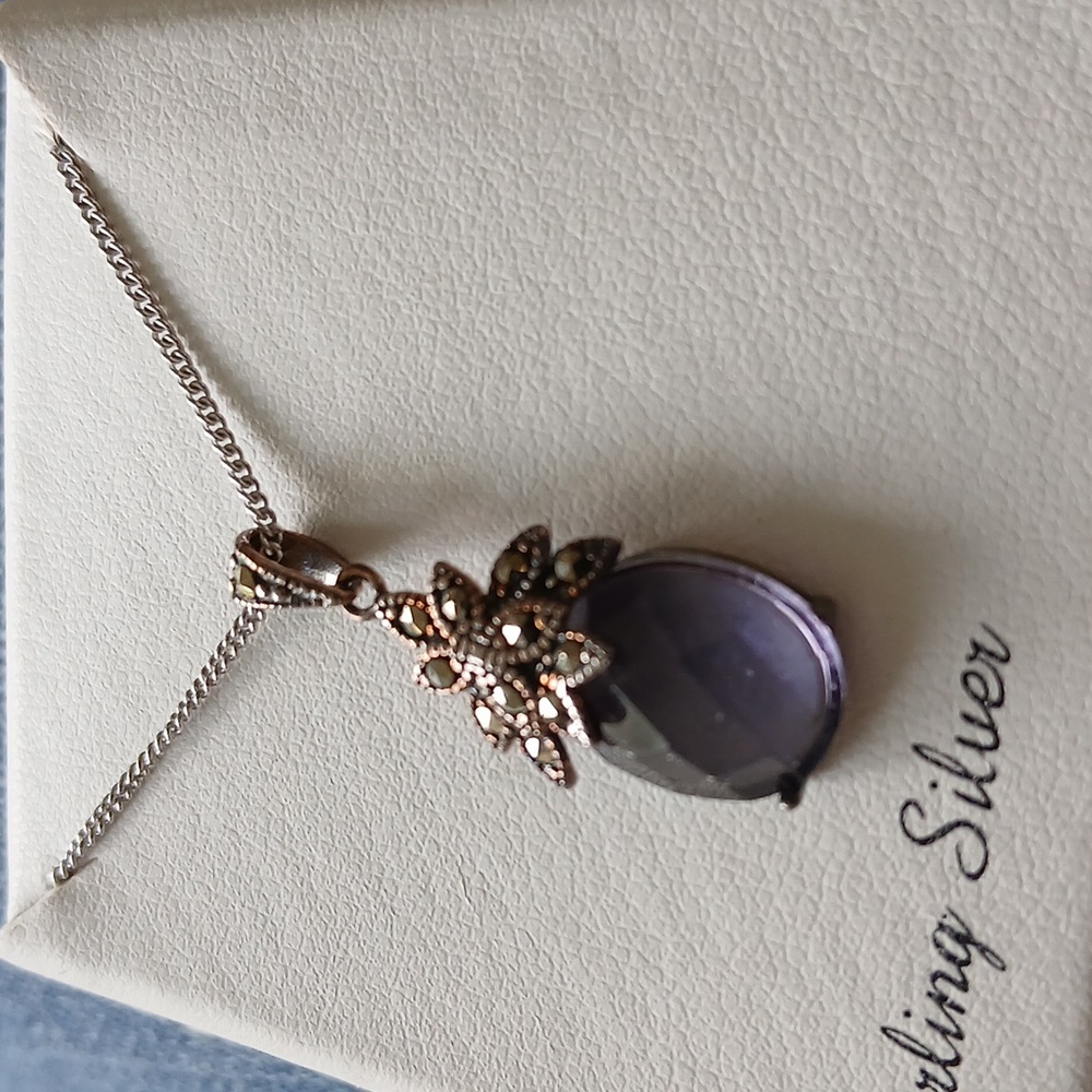 Tori Hill Genuine Marcasite Amethyst Sterling Silver Necklace NIB